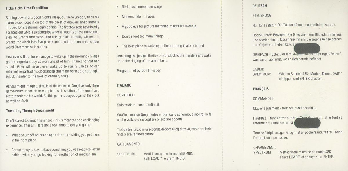 Inside Cover for Gregory Loses His Clock (ZX Spectrum)