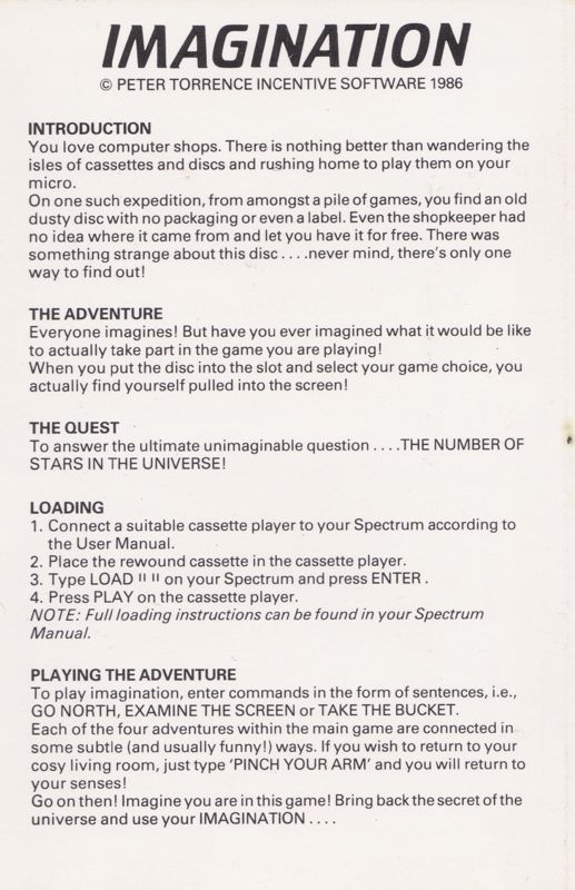 Inside Cover for Imagination (ZX Spectrum) (199 Silver Range release)
