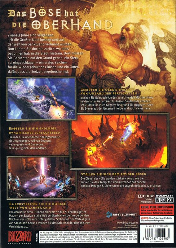 Back Cover for Diablo III (Macintosh and Windows) (2014 release with Hearthstone voucher)
