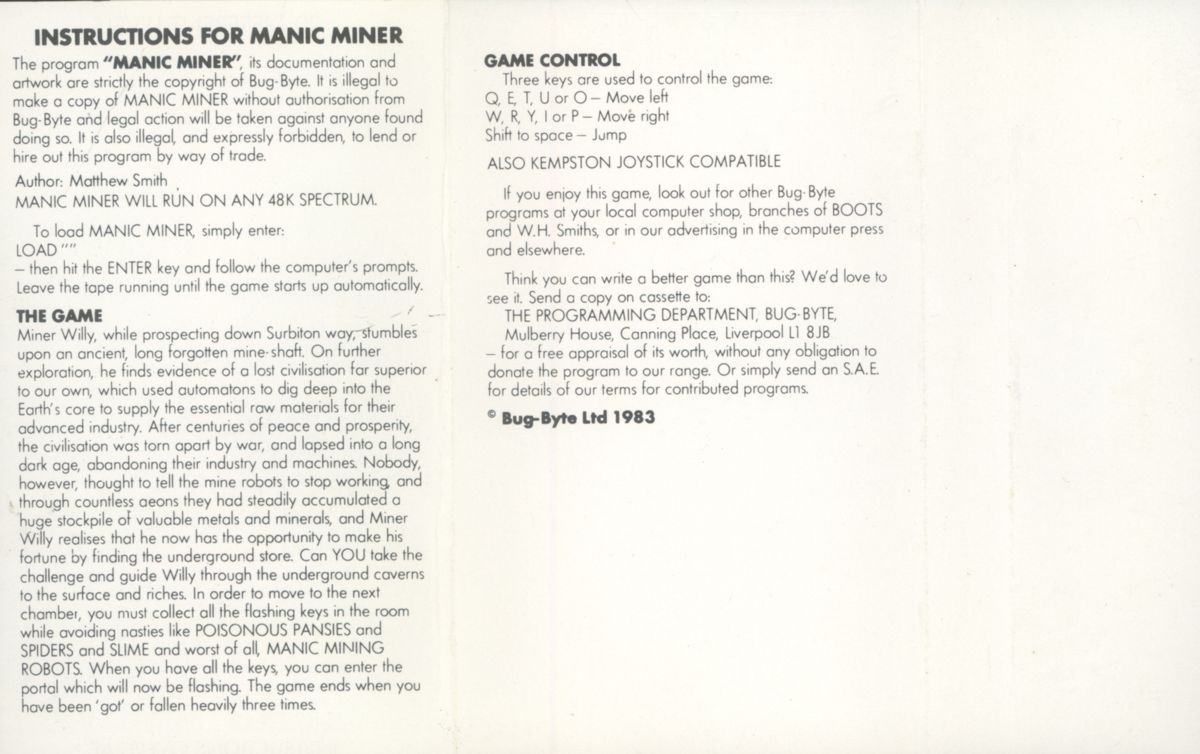 Inside Cover for Manic Miner (ZX Spectrum)