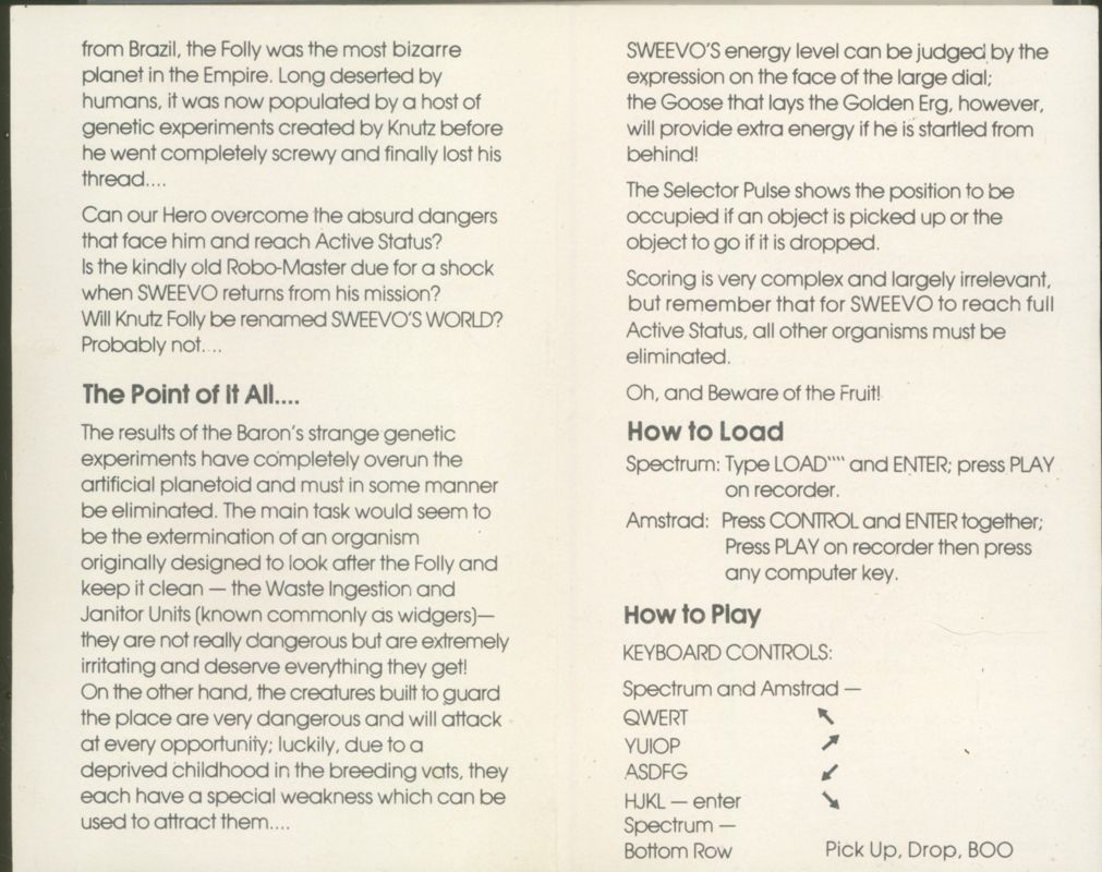 Inside Cover for Sweevo's World (ZX Spectrum)