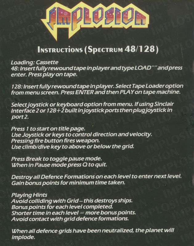 Inside Cover for Implosion (ZX Spectrum)
