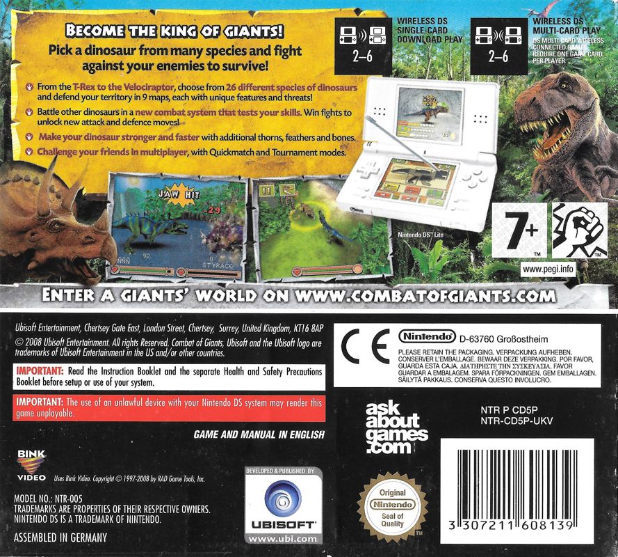 Back Cover for Battle of Giants: Dinosaurs (Nintendo DS)