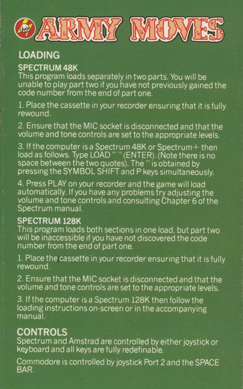 Inside Cover for Army Moves (ZX Spectrum)