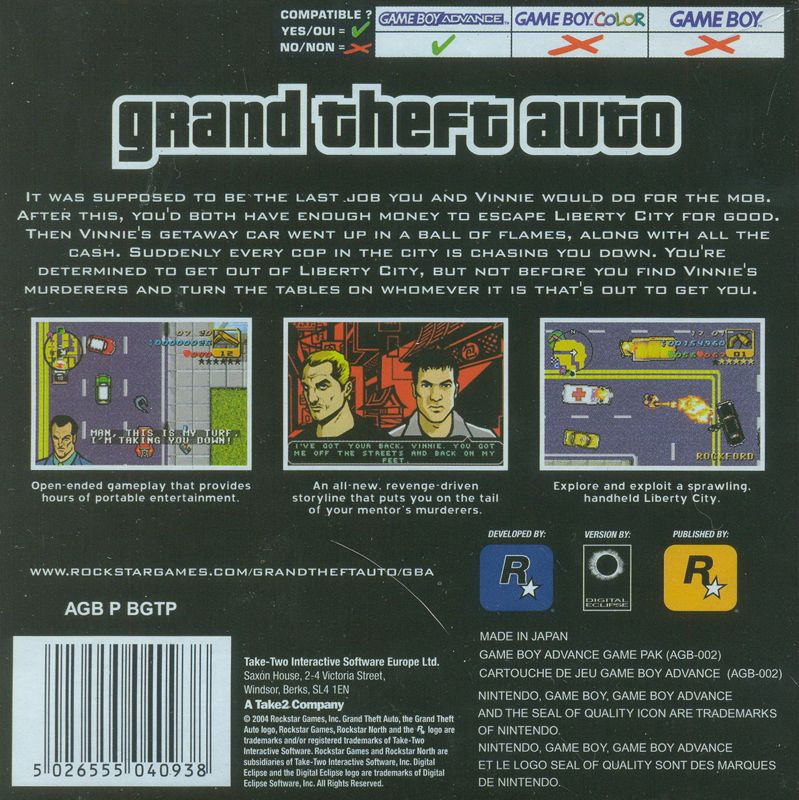 Back Cover for Grand Theft Auto Advance (Game Boy Advance)