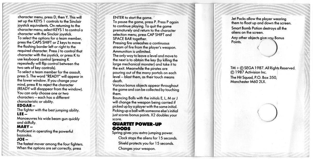 Inside Cover for Quartet (ZX Spectrum) (Hit Squad release)