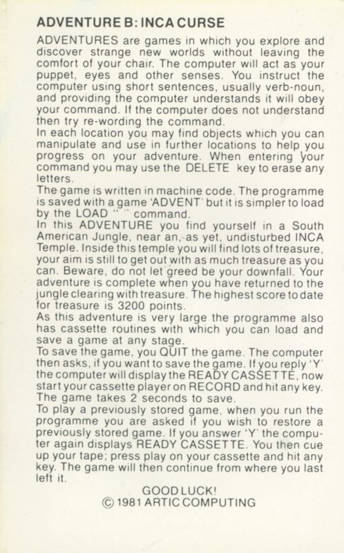 Inside Cover for Adventure B (ZX Spectrum)
