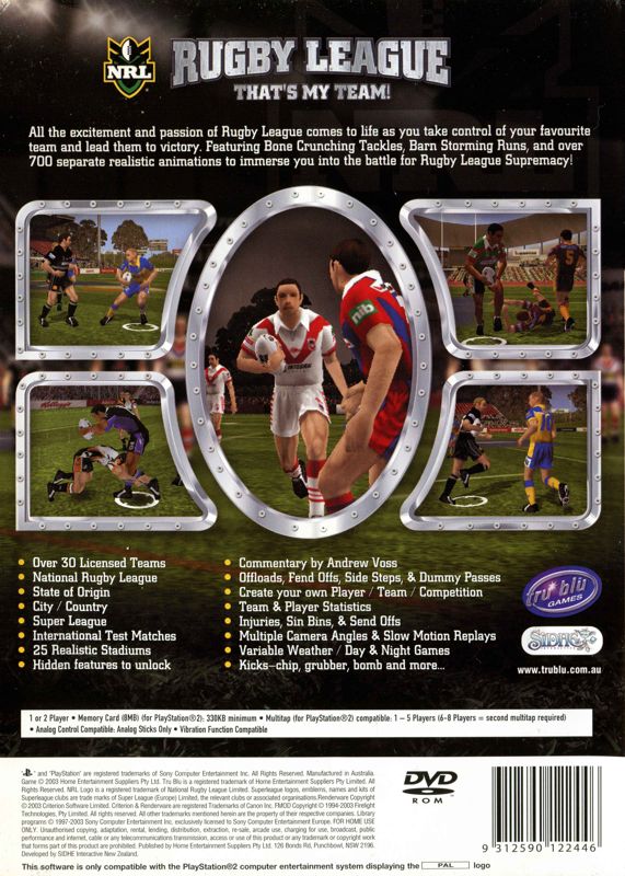 Back Cover for NRL Rugby League (PlayStation 2)