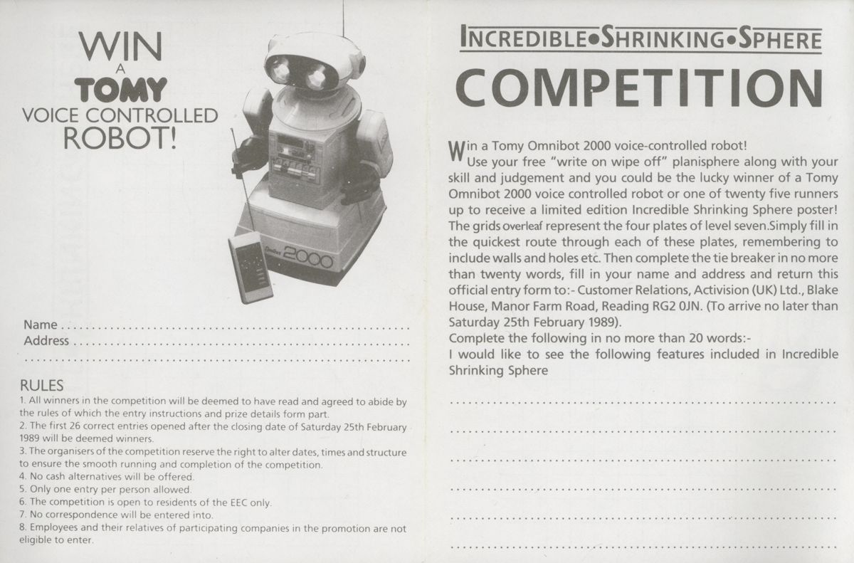 Extras for Incredible Shrinking Sphere (ZX Spectrum): Competition Card - Front