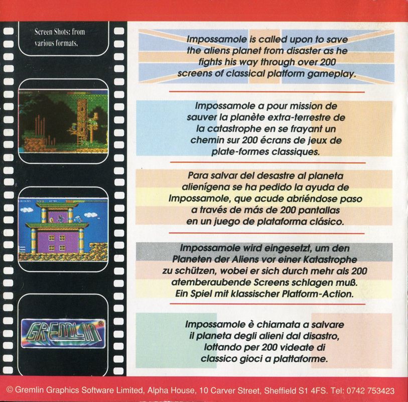 Back Cover for Impossamole (Amiga and Amstrad CPC and Atari ST and ZX Spectrum) (EDOS release)