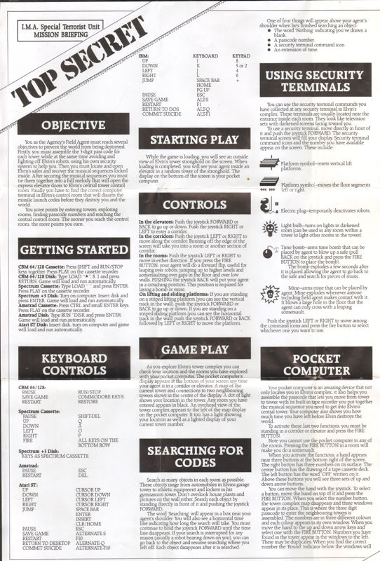 Manual for Impossible Mission II (ZX Spectrum): Side A - Left