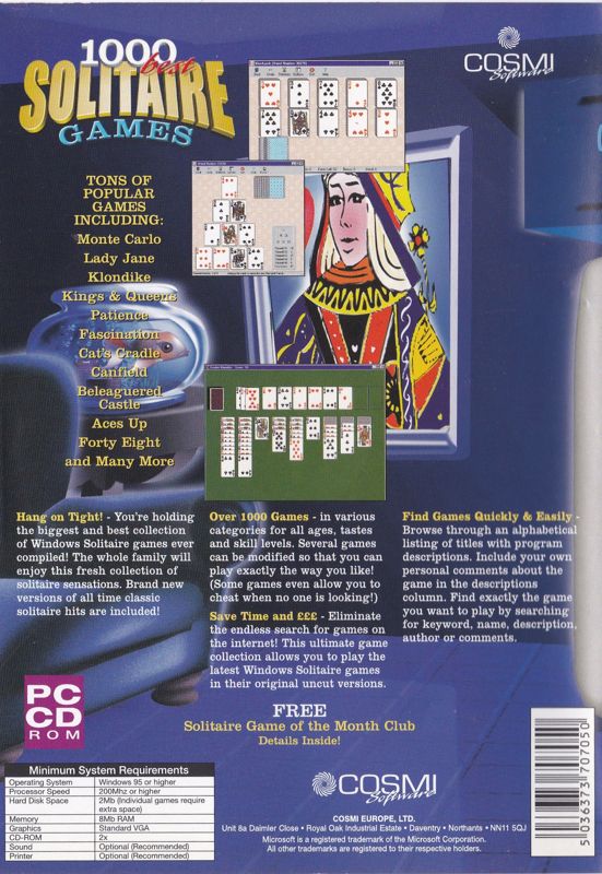 Back Cover for 1000 Best Solitaire Games (Windows) (1999 release)