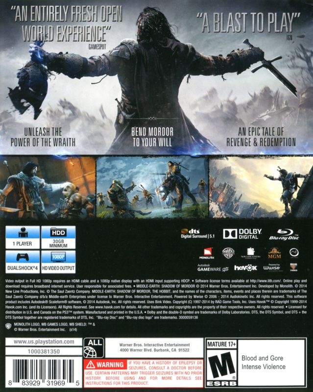 Back Cover for Middle-earth: Shadow of Mordor (PlayStation 4)