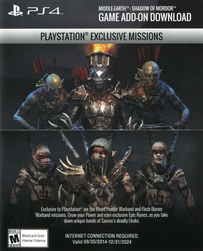 Other for Middle-earth: Shadow of Mordor (PlayStation 4): DLC Code - Front