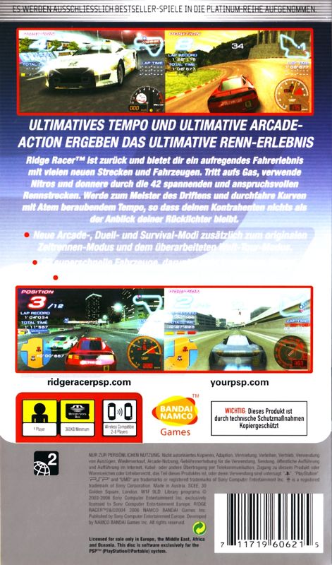 Back Cover for Ridge Racer 2 (PSP) (Platinum release)