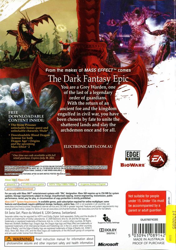 Back Cover for Dragon Age: Origins (Xbox 360) (Classics release)