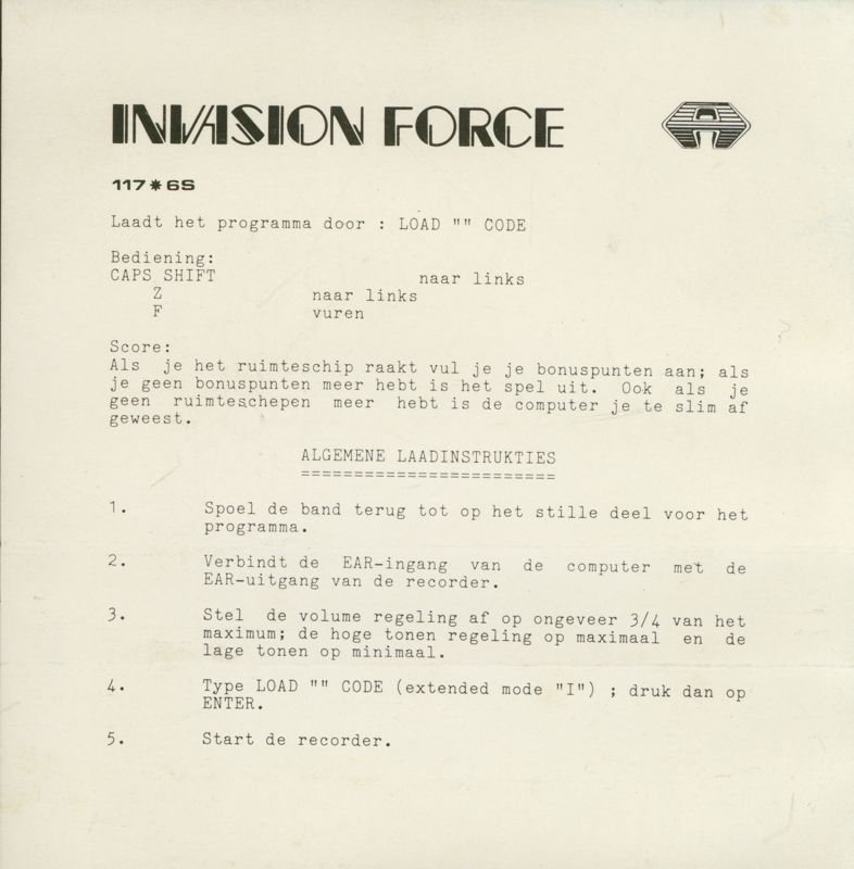 Inside Cover for Invasion Force (ZX Spectrum)