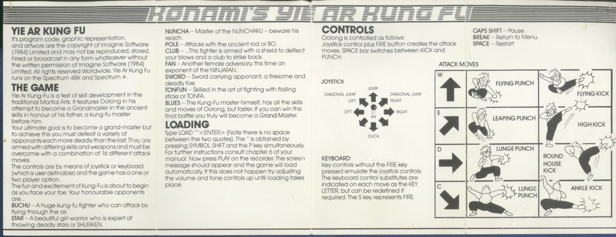 Inside Cover for Yie Ar Kung-Fu (ZX Spectrum)