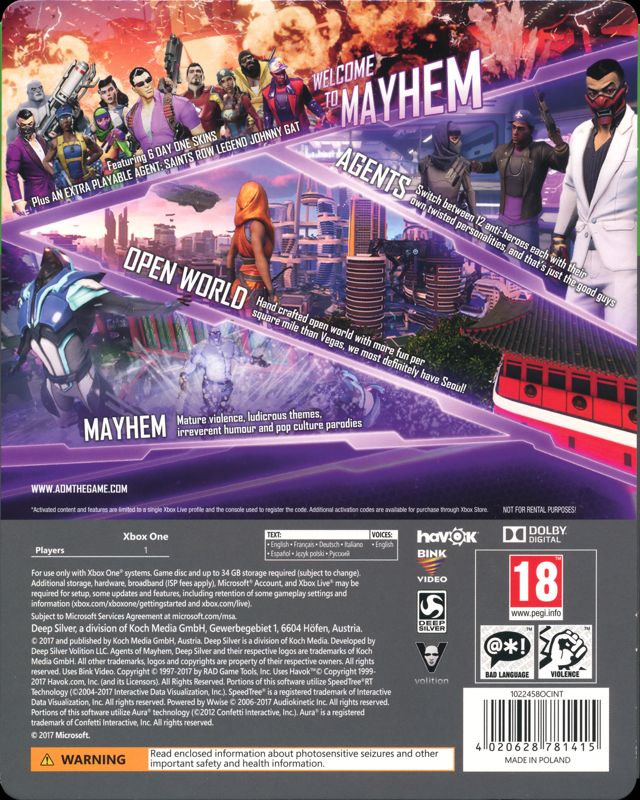 Back Cover for Agents of Mayhem: Day One Edition (Xbox One): w/o Distributor Sticker