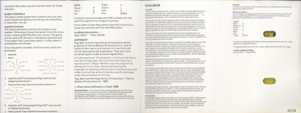 Inside Cover for Yogi Bear (ZX Spectrum) (Budget re-release)