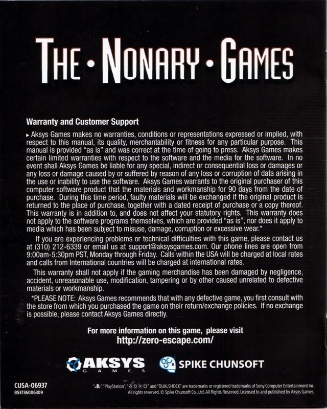 Manual for Zero Escape: The Nonary Games (PlayStation 4): Back