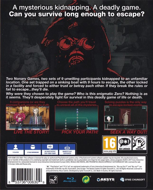 Back Cover for Zero Escape: The Nonary Games (PlayStation 4)