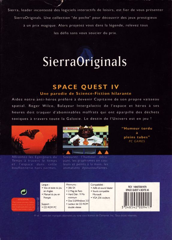 Back Cover for Space Quest IV: Roger Wilco and the Time Rippers (DOS and Windows 3.x) (Sierra Originals Release)