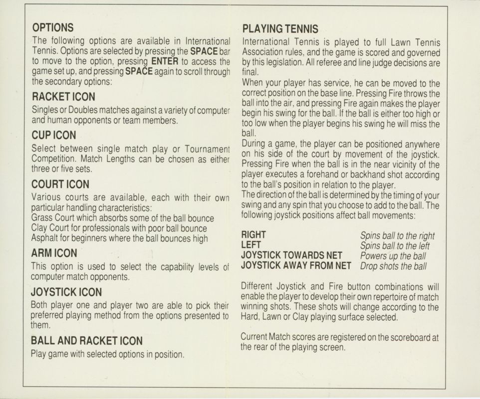 Inside Cover for International Tennis (ZX Spectrum)