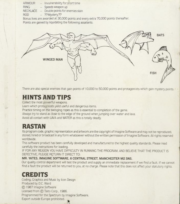 Inside Cover for Rastan (ZX Spectrum)