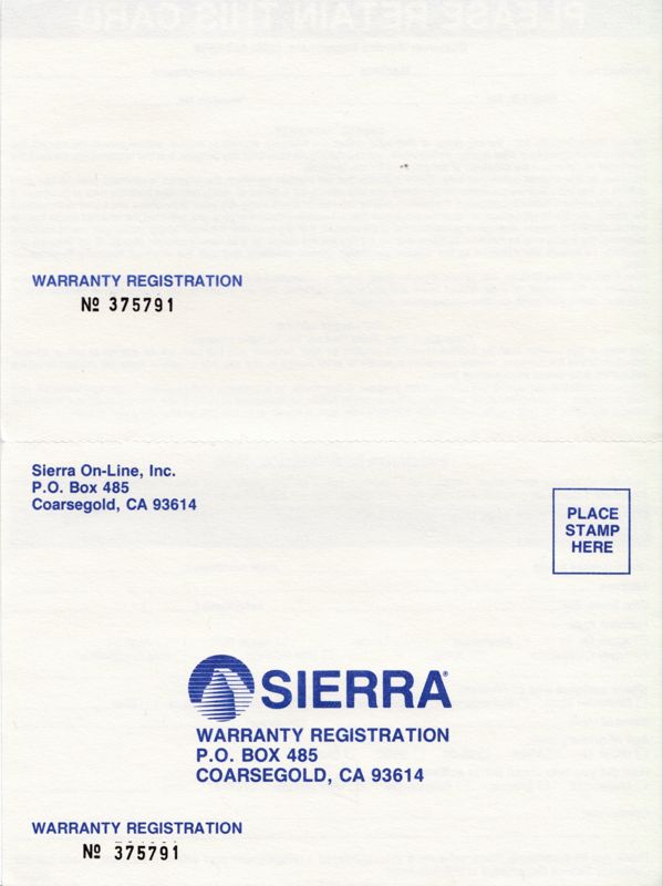 Extras for King's Quest III: To Heir is Human (Amiga) (Alternate Disk design): Registration Card - Front
