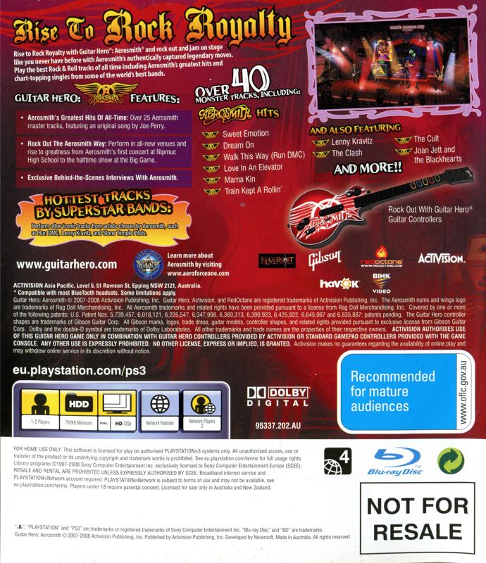 Back Cover for Guitar Hero: Aerosmith (PlayStation 3)