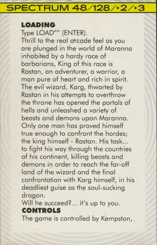 Inside Cover for Rastan (ZX Spectrum) (Budget re-release)