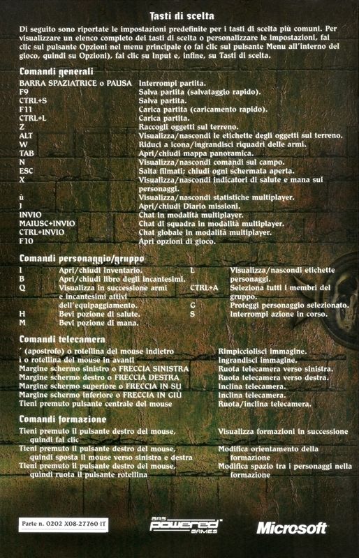 Reference Card for Dungeon Siege (Windows): Manual Back