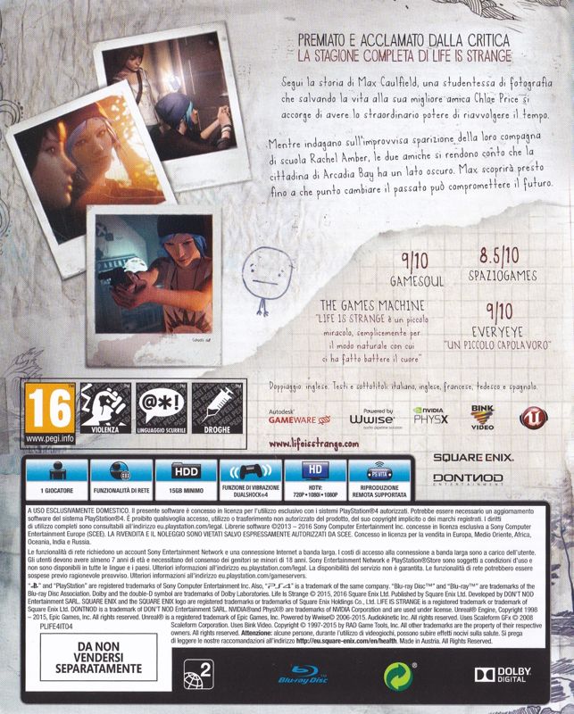 Other for Life Is Strange: Limited Edition (PlayStation 4): Keep Case - Back