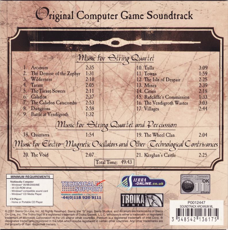 Soundtrack for Arcanum: Of Steamworks & Magick Obscura (Windows) (Limited Print with soundtrack): Sleeve - Back