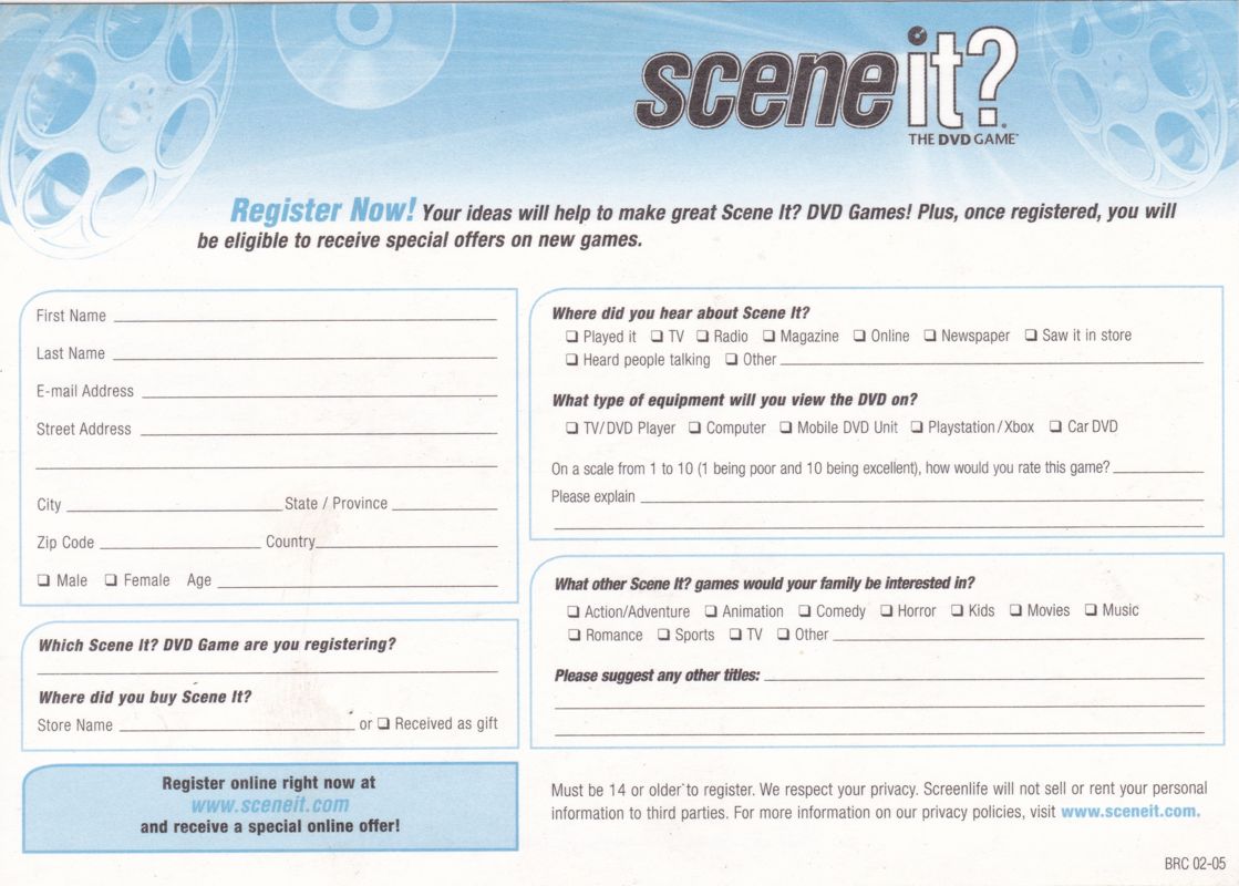 Other for Scene It? 007 Edition (DVD Player): Registration Card: Side 2