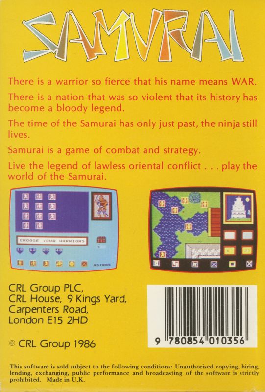 Back Cover for Samurai (ZX Spectrum) (CRL Group PLC release)