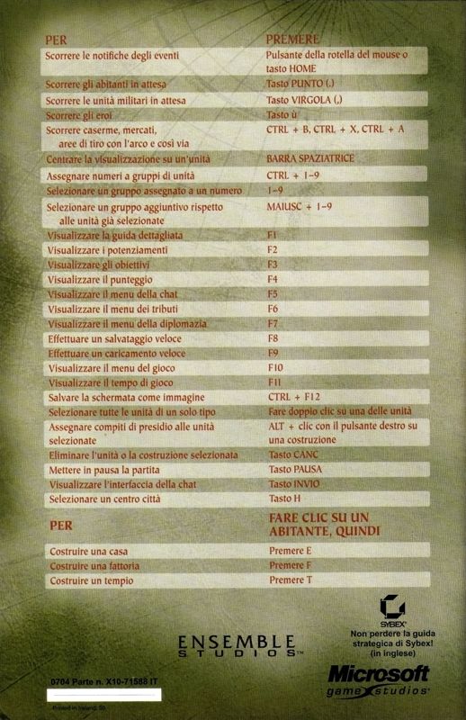 Manual for Age of Mythology: Gold Edition (Windows): Back - Reference Card