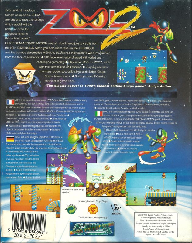 Back Cover for Zool 2 (DOS) (3.5'' floppy disk release)