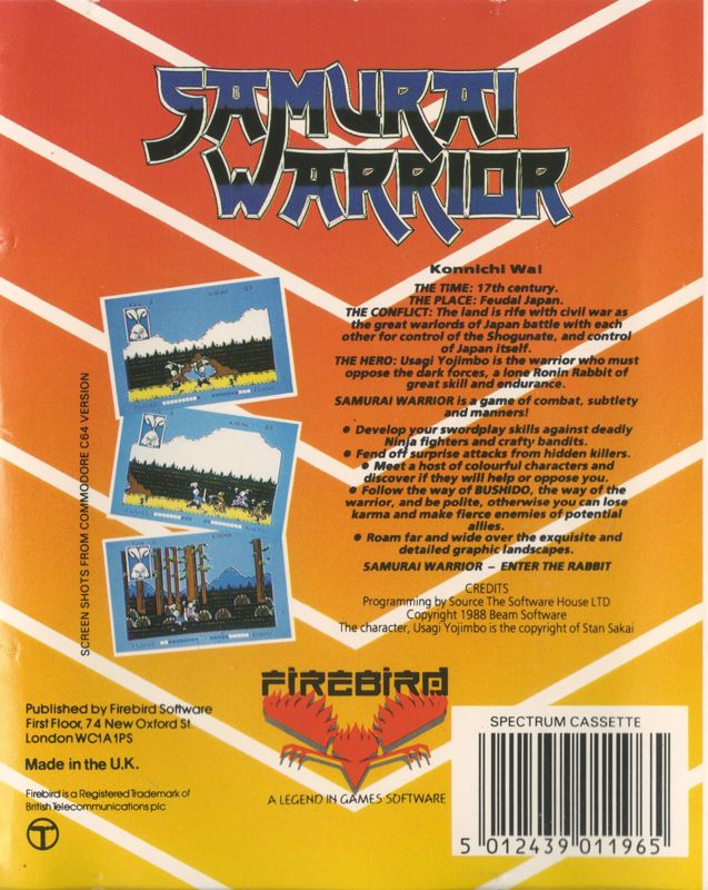 Back Cover for Samurai Warrior: The Battles of.... Usagi Yojimbo (ZX Spectrum) (Firebird Software release)