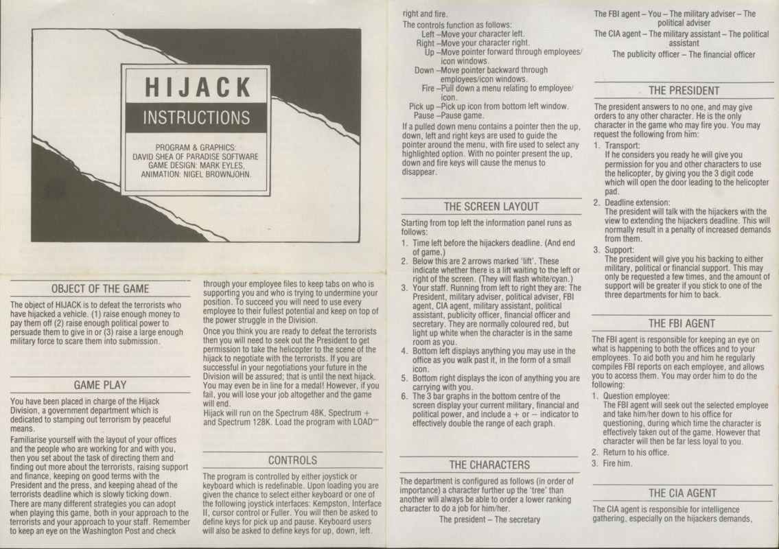 Manual for Hijack (ZX Spectrum): Side A