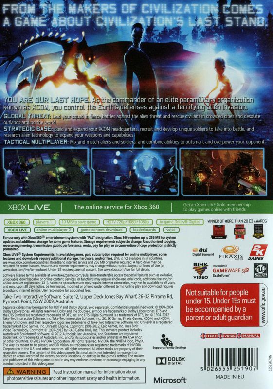 Back Cover for XCOM: Enemy Unknown (Xbox 360)