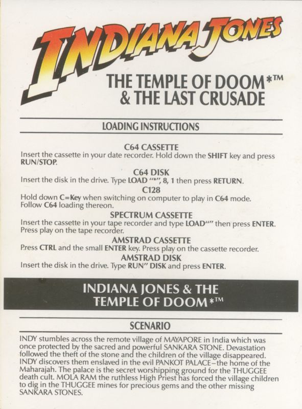 Inside Cover for Indiana Jones and the Last Crusade: The Action Game / Indiana Jones and the Temple of Doom (ZX Spectrum)