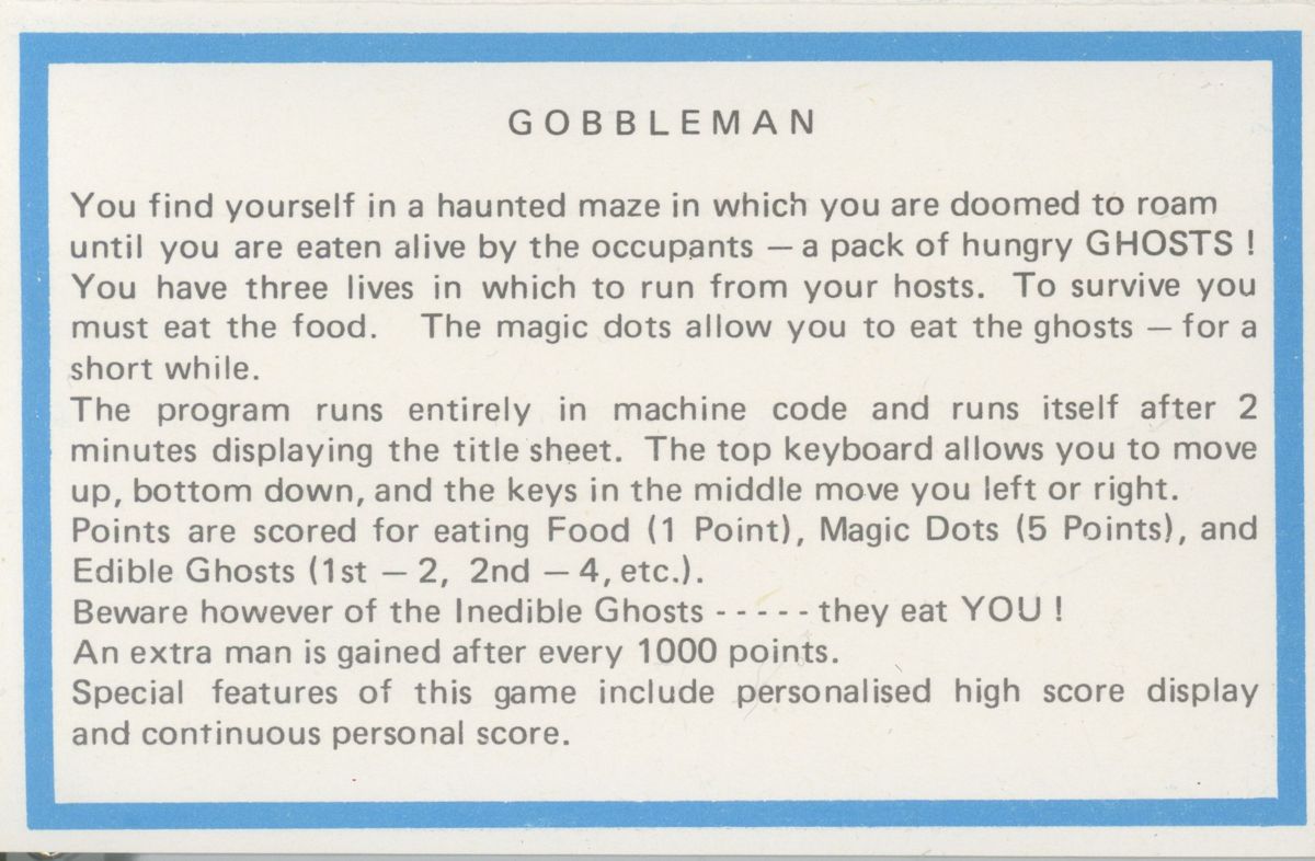 Inside Cover for Gobbleman (ZX Spectrum)