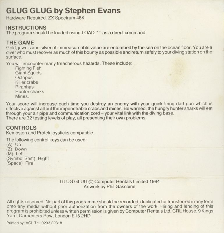 Inside Cover for Glug Glug (ZX Spectrum)