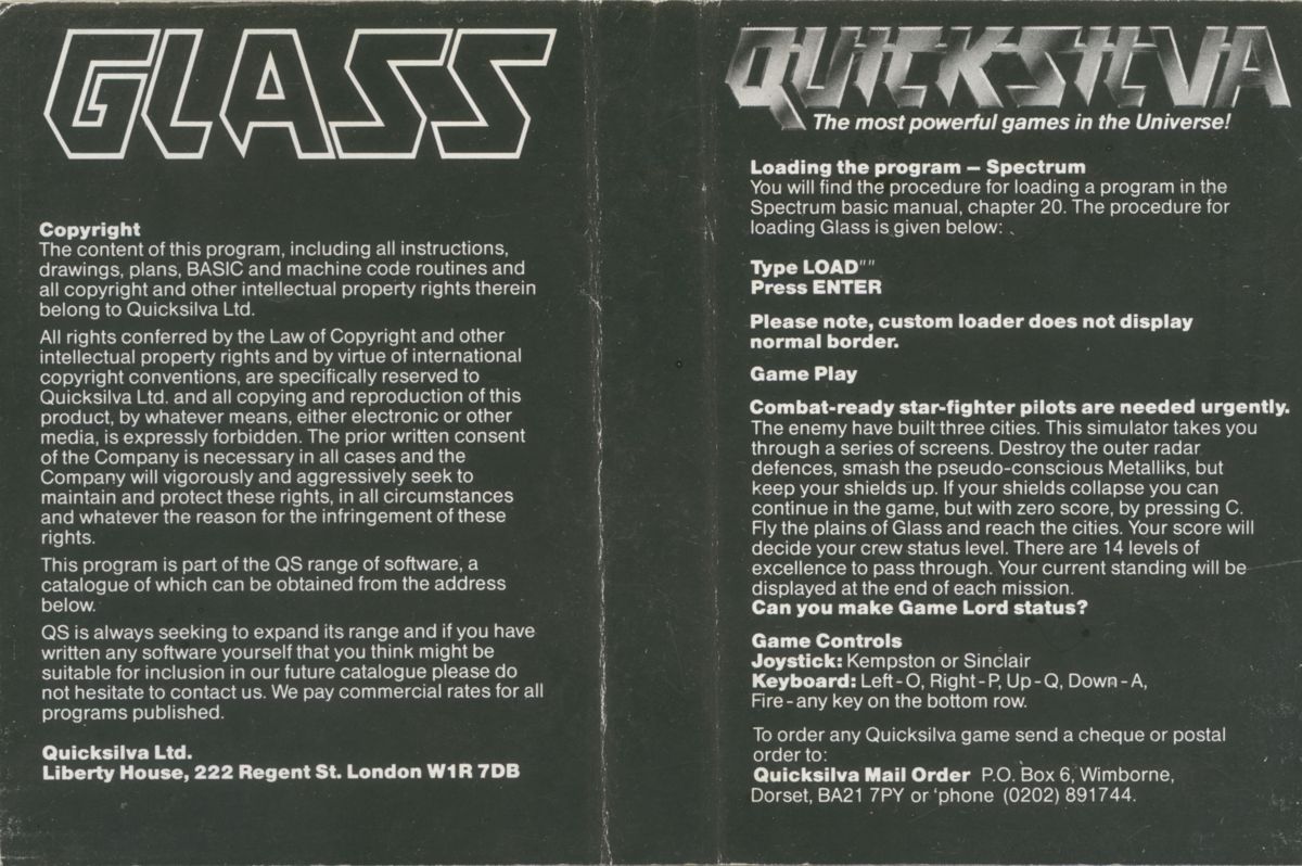 Inside Cover for Glass (ZX Spectrum)