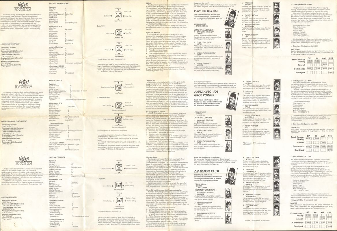 Reference Card for 4 in 1: Airwolf / Bomb Jack / Commando / Frank Bruno's Boxing (ZX Spectrum): Side B