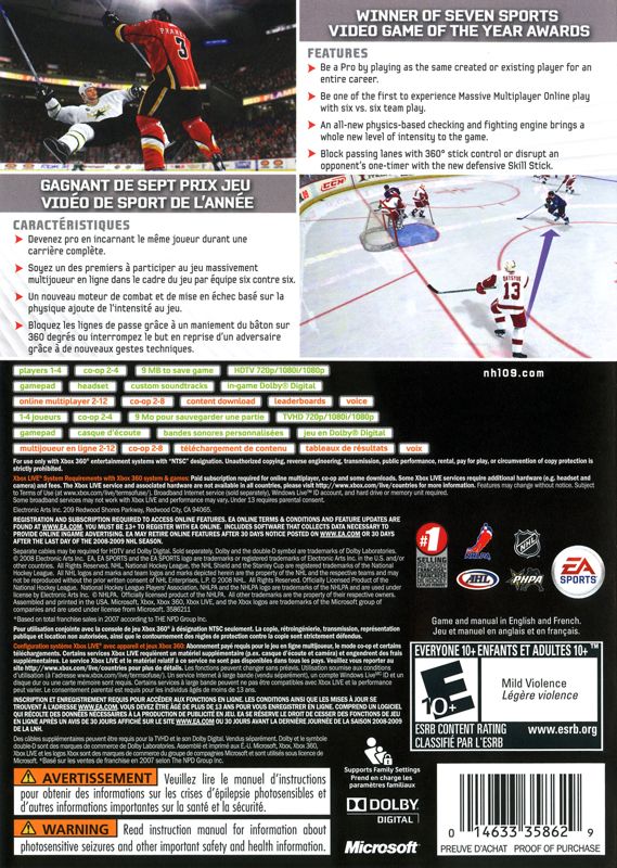 Back Cover for NHL 09 (Xbox 360)