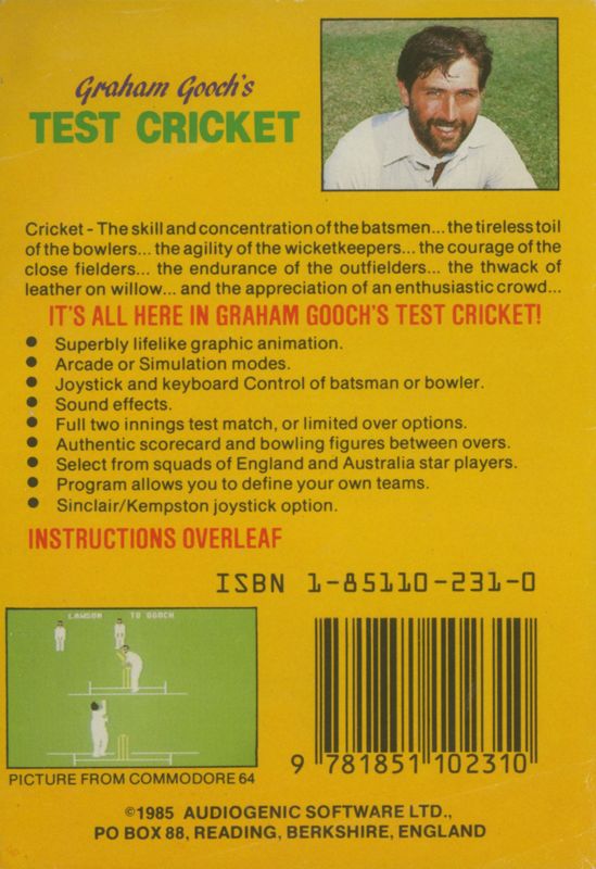 Back Cover for Graham Gooch's Test Cricket (ZX Spectrum)