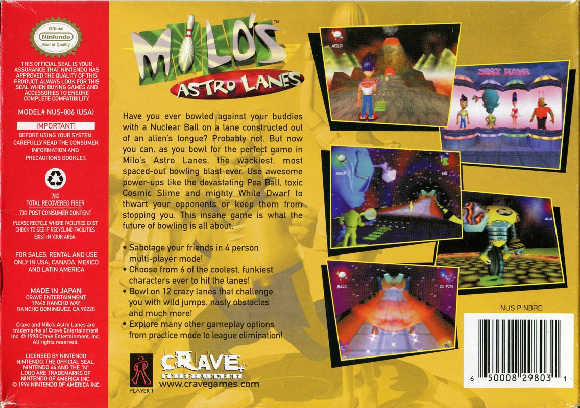 Back Cover for Milo's Astro Lanes (Nintendo 64)